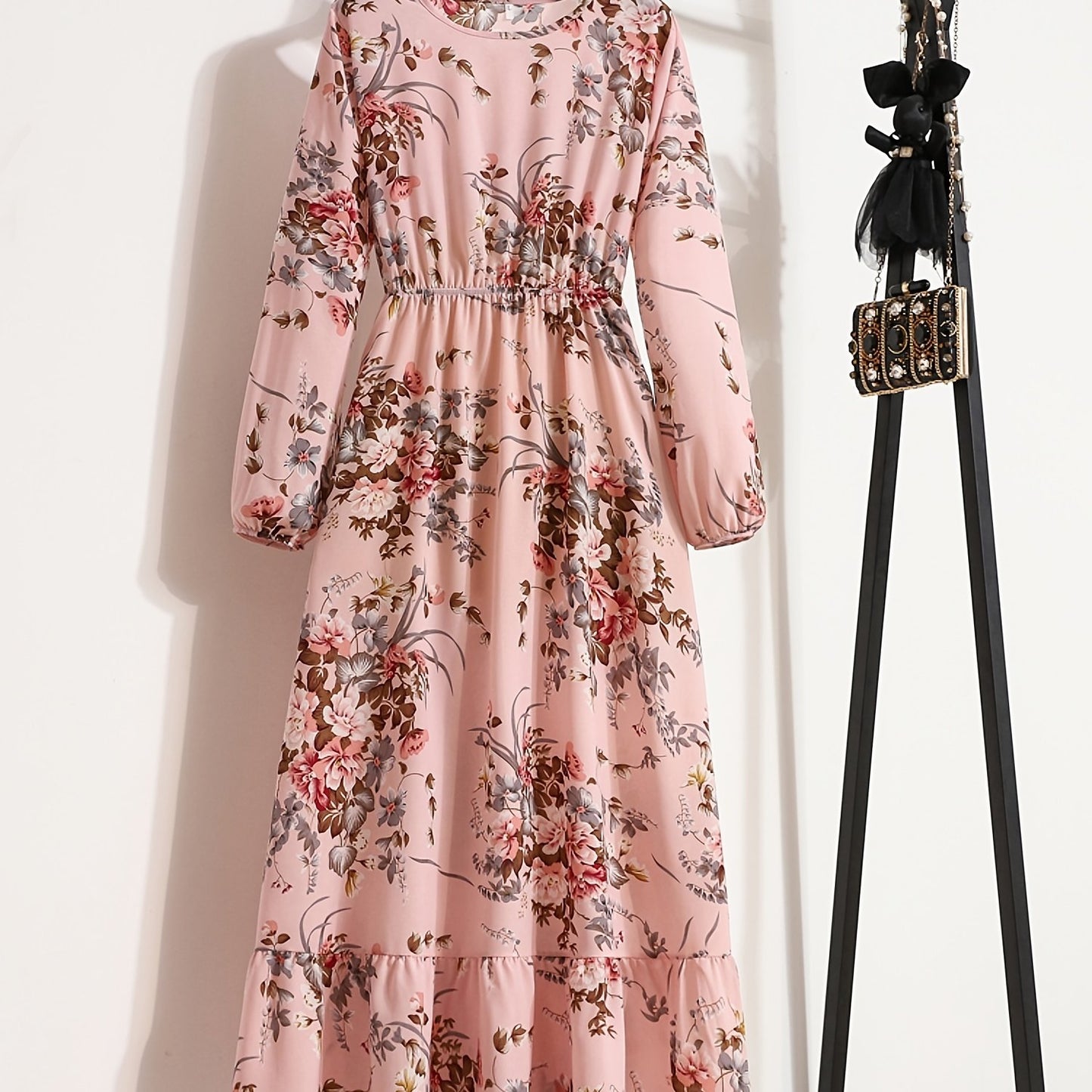 Bohemian Print Casual Party Long Dress with Ruffle Hem, Round Neck, Elastic Waist, and A-Line Silhouette
