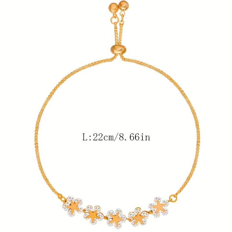 Adjustable Flower Beaded Chain Bracelet Inlaid Shiny Zircon 14K Plated Copper Hand Jewelry Decor For Women & Girls