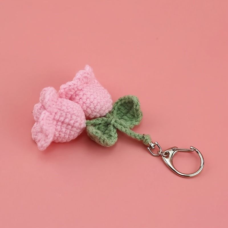 1pc Charming Crochet Lily Flower Wind Chime Keychain, Cute Yarn Bag Accessory for Women