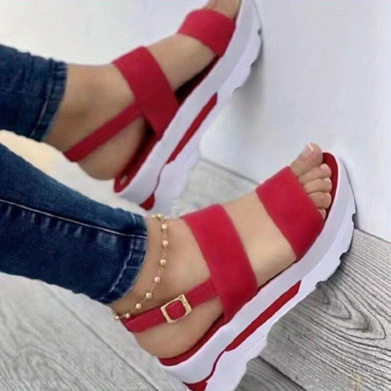 Non Slip Women's Platform Open Toe Sandals, Solid Color Ankle Buckle Strap Casual Outdoor Shoes