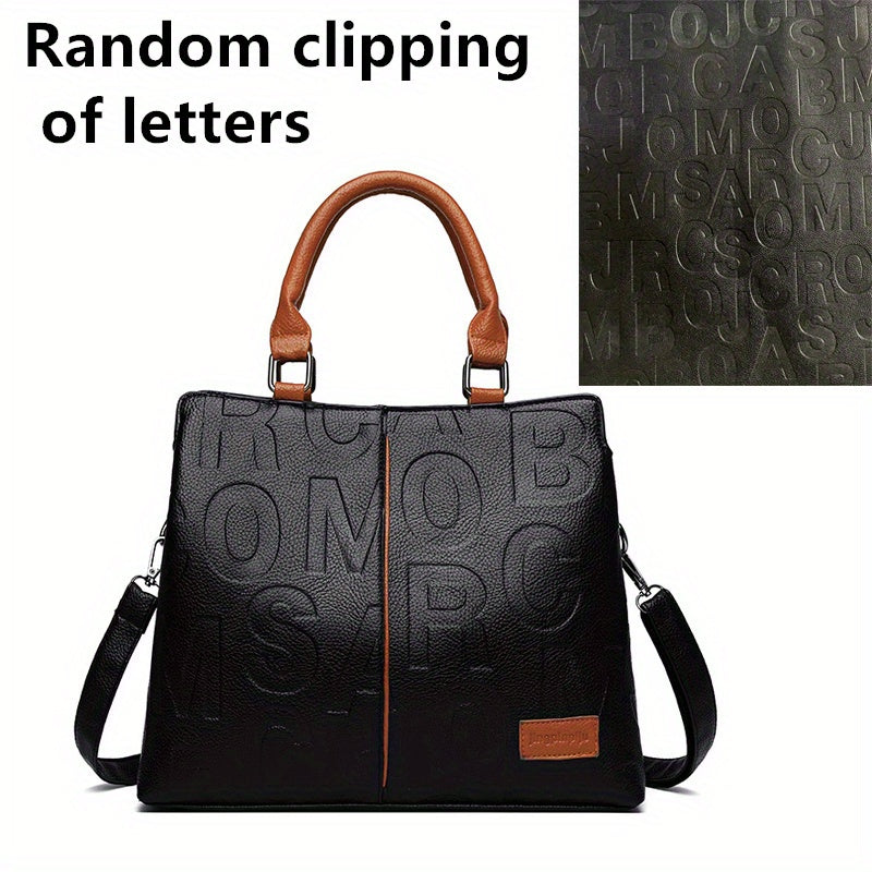 Chic Solid Color Letter-Embossed Handbag – Versatile, Foldable, Secure Zip & Removable Strap, Polyester-Lined for Daily Elegance (8.4x8.6x3.5) Inch