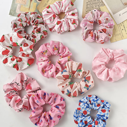 10pcs Gift Soft Satin Scrunchies Fruit Heart Flower Summer Elements Hair Tie Set Perfect for Women