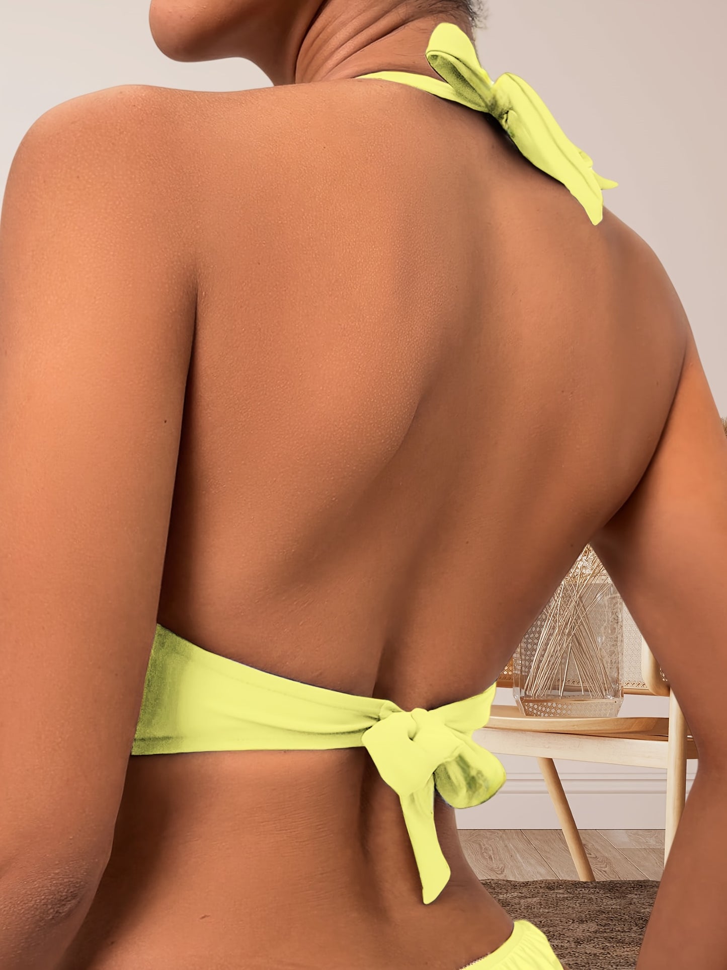 Solid Color Sexy Bikini Top, Ruched Halter V Neck Tie Back Swimming Top Bra, Women's Swimwear & Clothing