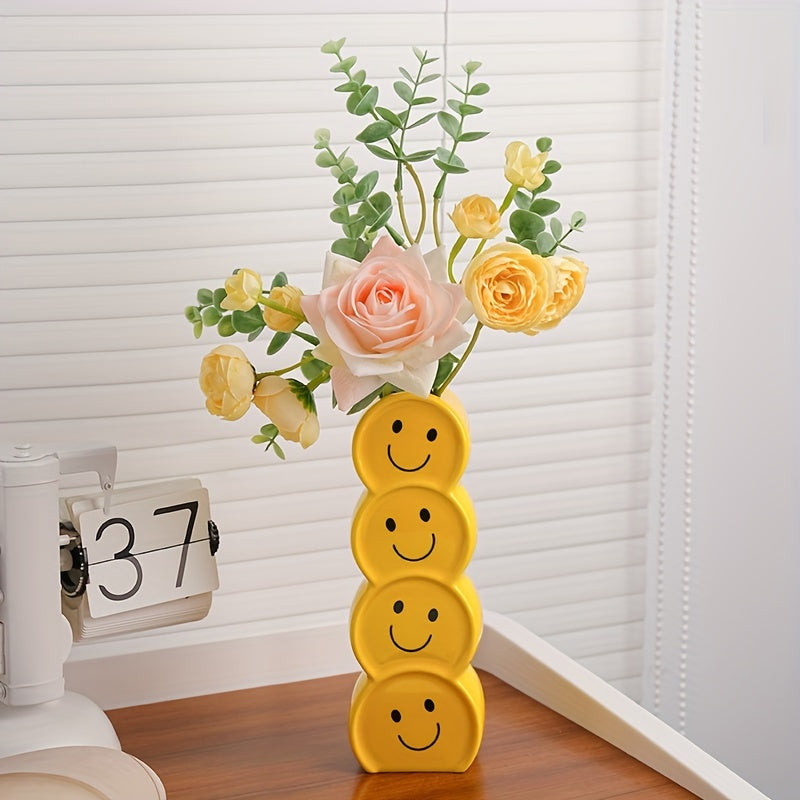 1pc Whimsical Ceramic Happy Face Bud Vase - Art Deco Cartoon Patterned, Round Shape, Boho Chic Centerpiece - Perfect for Wedding, Party, Living Room, Office, Bedroom Decor, Aesthetic Flower Holder, Unique Gift Idea