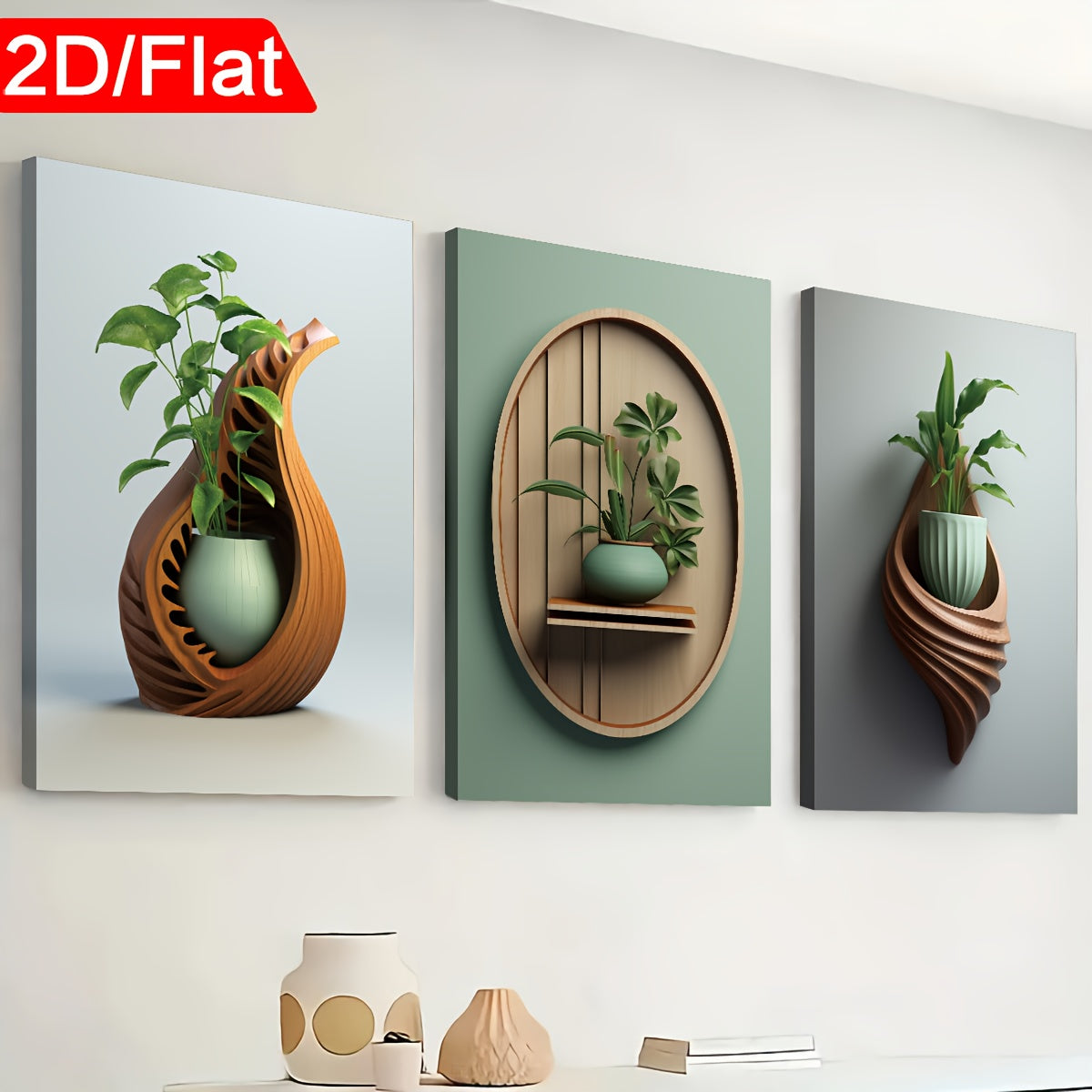 2D Flat Three 2D Printed Artworks with Frames, Including Canvas Paintings And Posters, Ready to Hang. They Feature a Modern Minimalist Style with Plant Vase Shapes, Creative Wood Carvings, And Serve As Home Decor, Wall Art, A