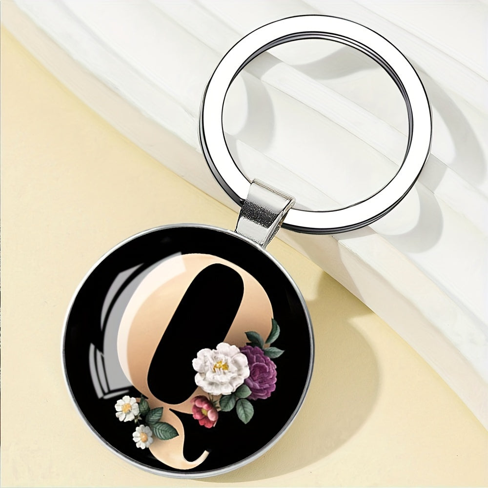 1pc Elegant Floral Alphabet Glass Keychain, Round Character-Themed Alloy Keyring, Romantic Collegiate Style Accessory, Ideal for Birthday, Anniversary, Graduation, Bridal Shower Gifts, and Festive Occasions - Christmas, Hallo