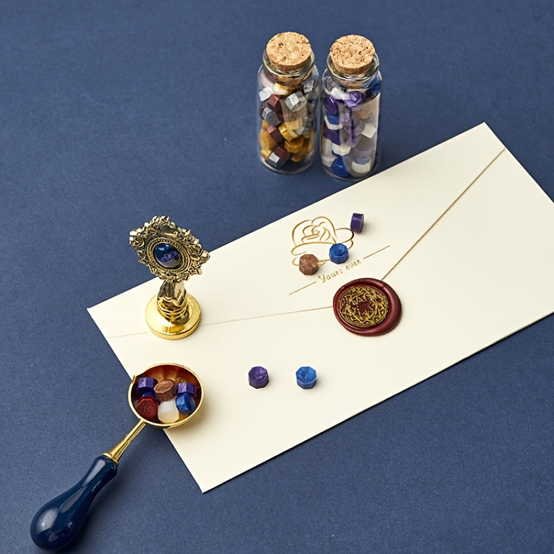 Wax Seal Stamp Kit with Gift Box, with Wax Seal Beads, 3 Wax Seal Stamp, Wax Seal Metallic Pen and Envelope, Wax Seal Kit for Gift and Decoration