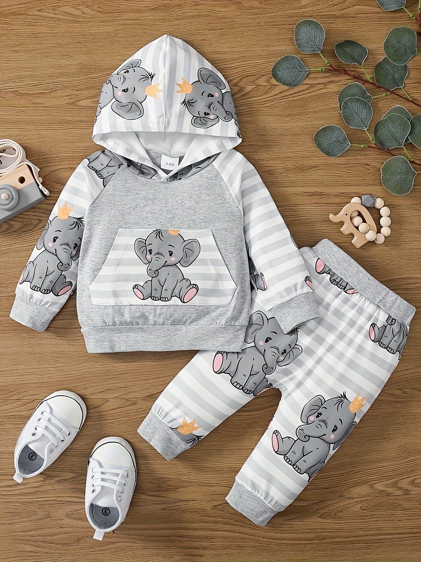 Baby Boy's Cute Elephant Cartoon Print Comfortable Long-sleeved Hooded Top + Pants Set Outdoor Clothes Outdoor Suit