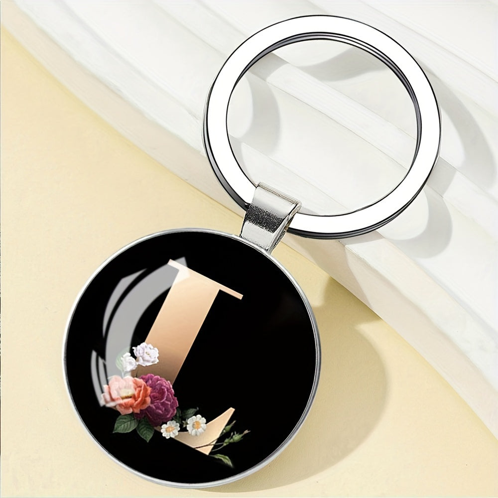 1pc Elegant Floral Alphabet Glass Keychain, Round Character-Themed Alloy Keyring, Romantic Collegiate Style Accessory, Ideal for Birthday, Anniversary, Graduation, Bridal Shower Gifts, and Festive Occasions - Christmas, Hallo