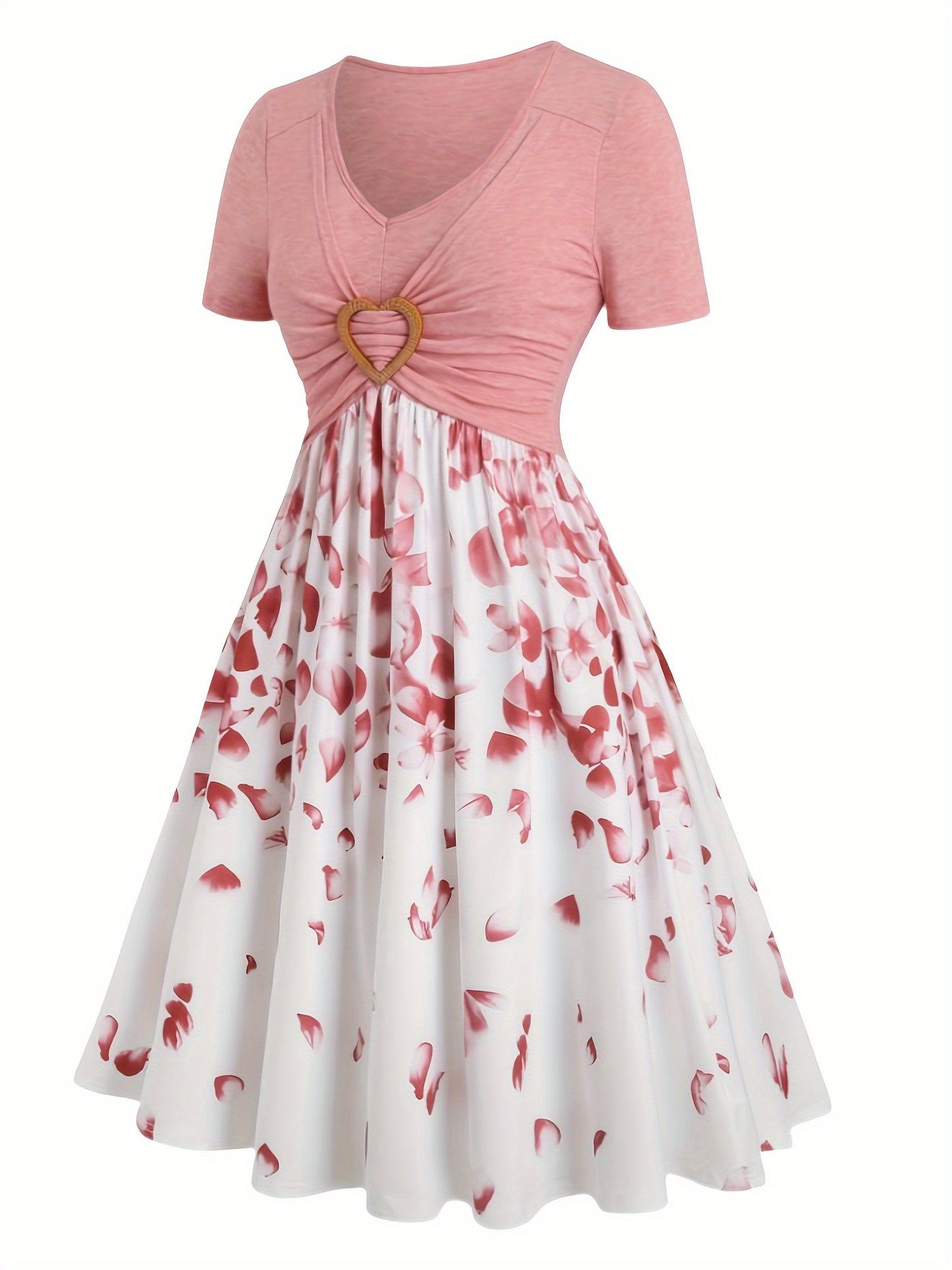 Women's Flower Print Heart Ring A-line Dress V-neck Short Sleeve Dress, Flower Print
