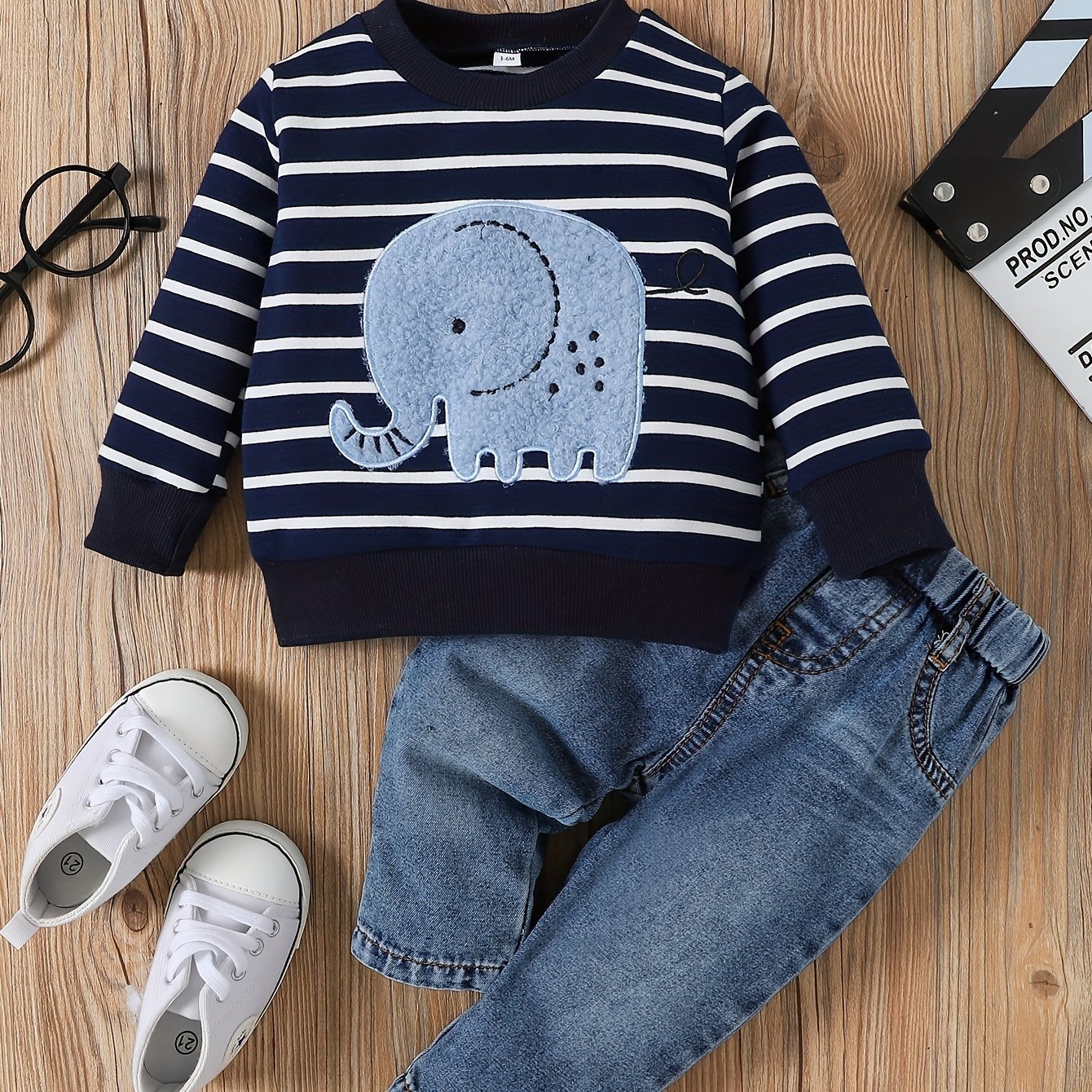 2pcs Infant Baby Boy Cute Striped Elephant Pattern Long Sleeve Top & Denim Trousers Outdoor Set For Spring And Autumn