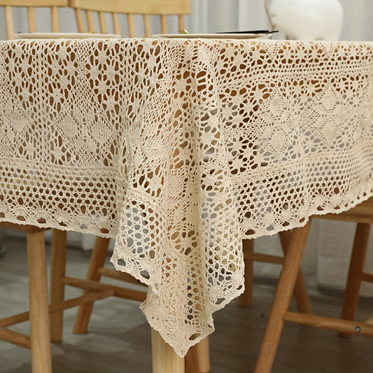 1pc Vintage Crochet Tassel Tablecloth, Pastoral Style Hollowed Out Lace, Four Leaf Flower Square Polyester Table Cover, Machine Made Woven Decor for Wedding, Family Gathering, Christmas, Long Table & Dressing Table Decoration