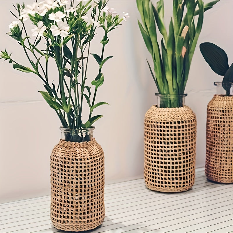 1pc Boho Glass Flower Vase With Rattan Cover, Farmhouse Flower Bud Vase, Round Decorative Flower Vase Floral Container Flower Bottle For Floral Arrangements Housewarming Party Home Decor