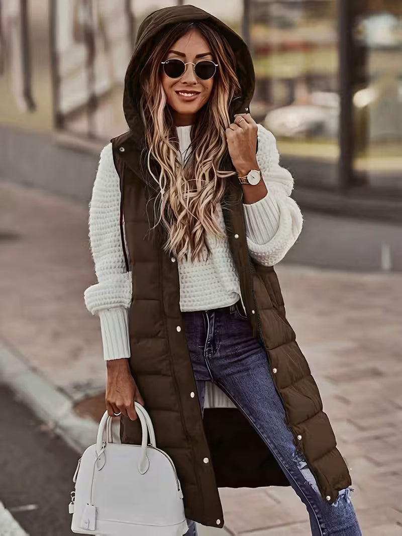 Women'S Stand-Up Collar Hooded Mid-Length Warm Quilted Vest Jacket