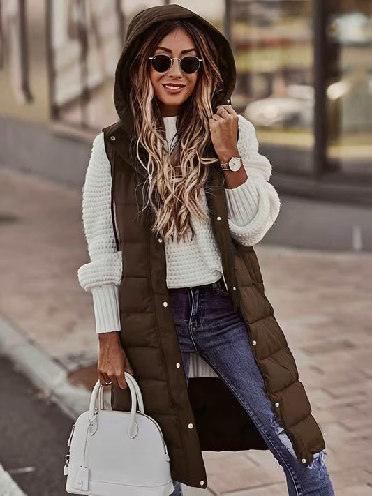 Women'S Stand-Up Collar Hooded Mid-Length Warm Quilted Vest Jacket