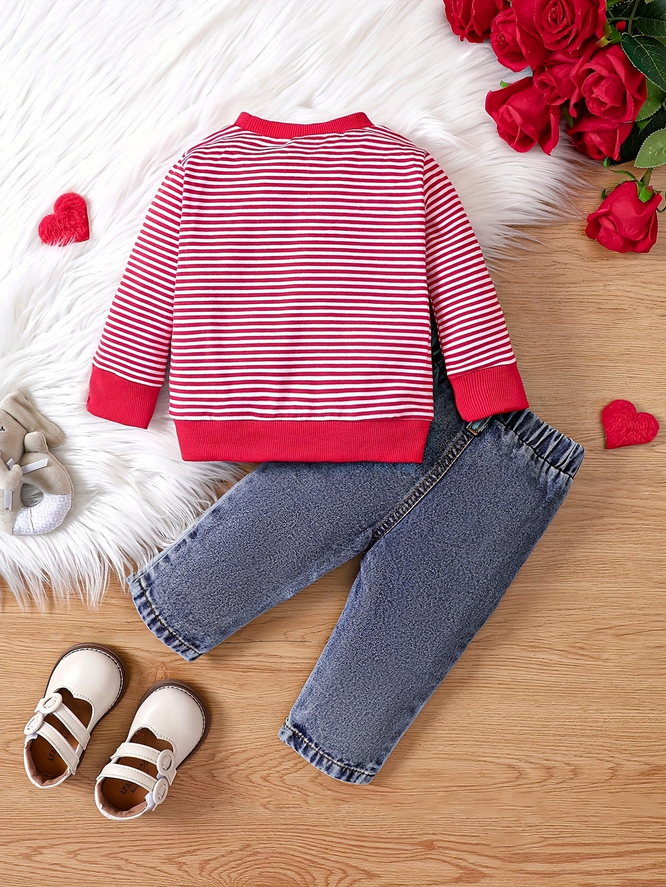 2pcs Infant Baby Boy Cute Striped Elephant Pattern Long Sleeve Top & Denim Trousers Outdoor Set For Spring And Autumn