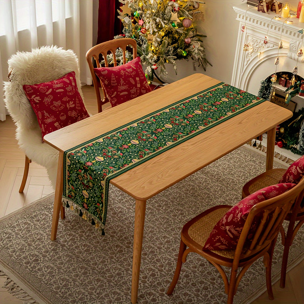 Rectangular Woven Polyester Blend Christmas Table Runner with Tassels - Festive Plant and Flower Pattern, Holiday Party Dining Decor