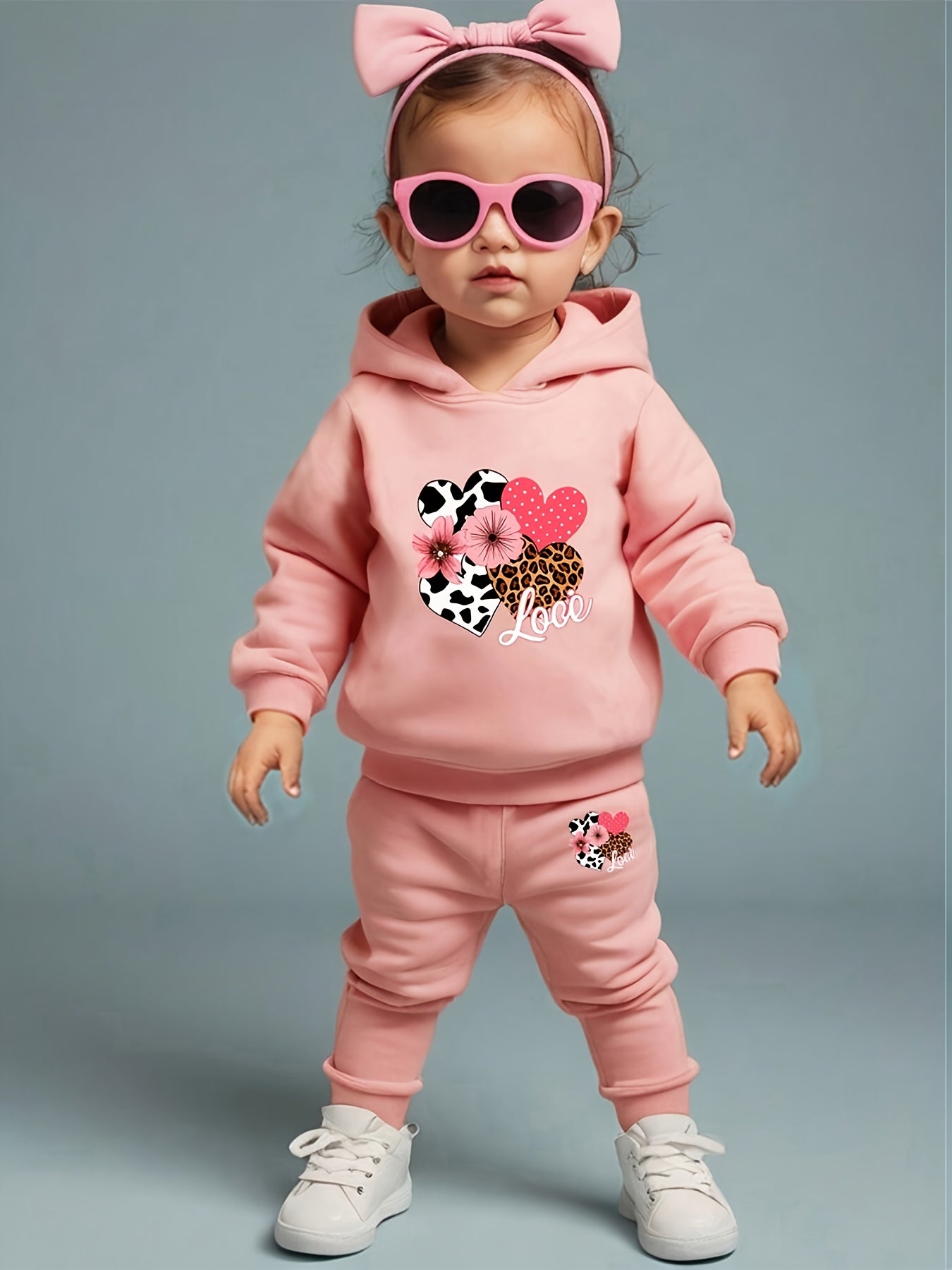 Baby Girl Love Love Flower Pattern Hoodie+Casual Pants Two Piece Set Spring and Autumn Sportswear, Perfect for Outdoor
