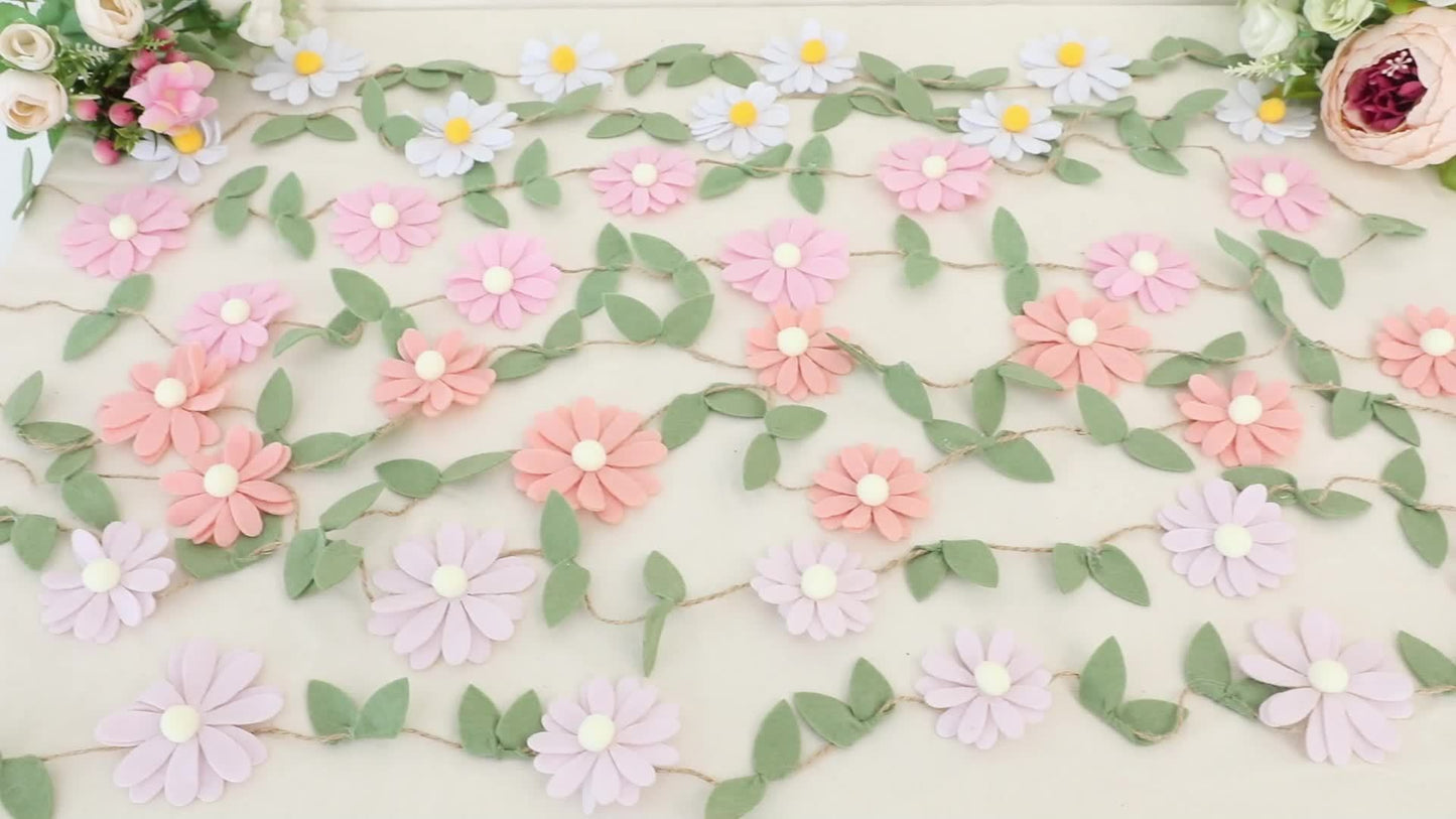 Handcrafted Bohemian Flower Garland - Pastel Pink, White, Orange, Purple Daisy Decor with Green Leaves on Twine - Ideal for Spring Events, Weddings, Birthdays, Youngsters Showers - Versatile Fabric Photo Backdrop & Bedroom De