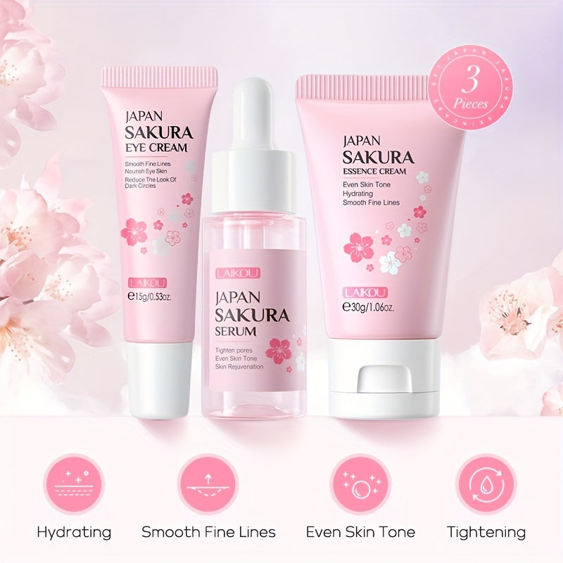 3-Piece LAIKOU Sakura Skin Care Set - Rejuvenating, Moisturizing, and Firming for Radiant Skin - Includes 17ml Serum, 30g Face Cream, and 15g Eye Cream