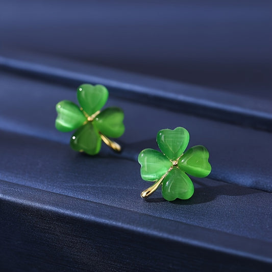 St. Patrick's Day Green Lucky 4-Leaf Clover Opal Stud Earrings 14K Gold Plated Ear Jewelry Festival Ornaments Gift