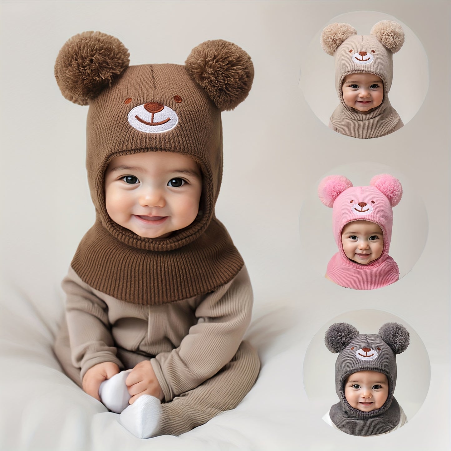 1pc 0-8 Years Baby Bear Ear Balaclava Mask & Beanie Hat - Cute White Winter Ski Mask with Ears, Soft Knit-like Texture for Boys & Girls, Warm Toddler Accessory (Brown/Pink/Black) - Hand Washable Kids Clothing