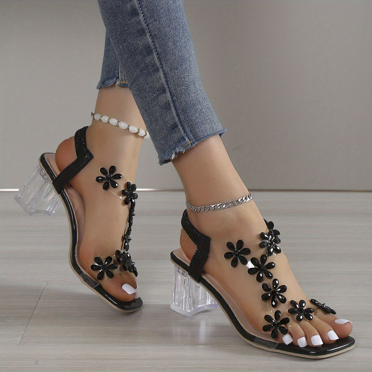 Women's Flower Rhinestone Block Heel Sandals, Fashion Square Open Toe Elastic Strap Slip On High Heels, Versatile Sandals