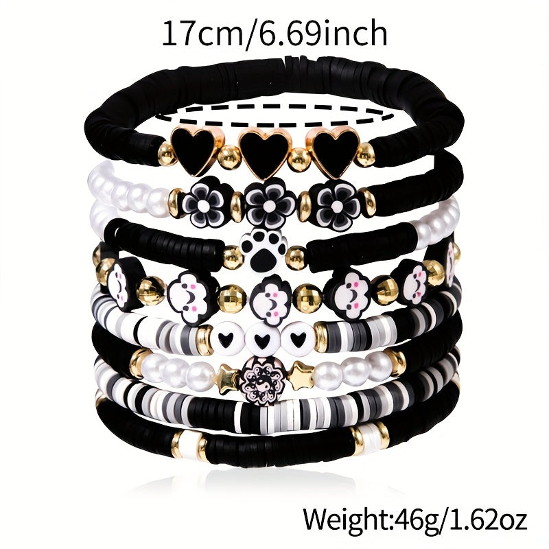 [Sweet Cute Bracelet Set] 8pcs Sweet Cute Pink Soft Clay Bracelet Set | Dragon Fruit Flower Heart Element for Women - Perfect for Valentine's Day and Music Festivals