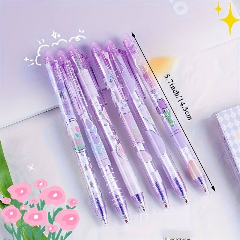 6pcs Erasable Gel Ink Pens Retractable Pens Cute Flower Pens 0.5mm Fine Point Pen Make Mistakes Disappear,Office School Pens (black And Blue Ink-Tulip)