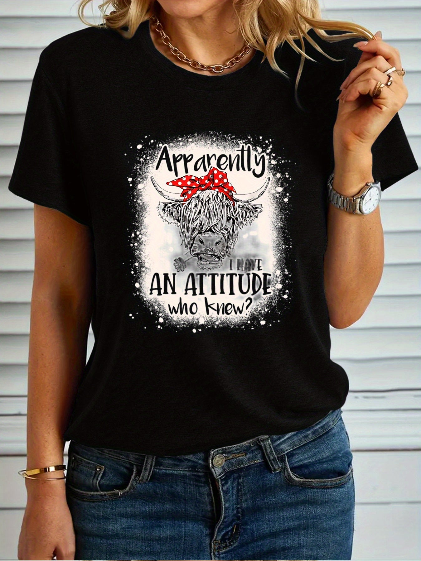 Women's Fashion T-shirt, "Apparently I Have An Attitude Who Knew" Highland Cow Pattern Casual Short Sleeve Top