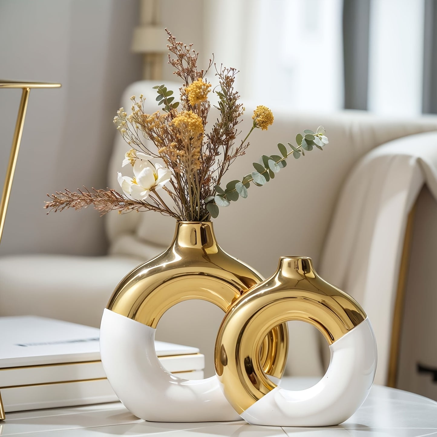 2pcs Boho Style Ceramic Vase Set - White & Golden, Round Bud Vases with Golden Accents, Perfect for Centerpieces & Home Decor, Living Room & Kitchen Accent, Home Decor Vase|Elegant Ceramic Vase|Decorative Vase