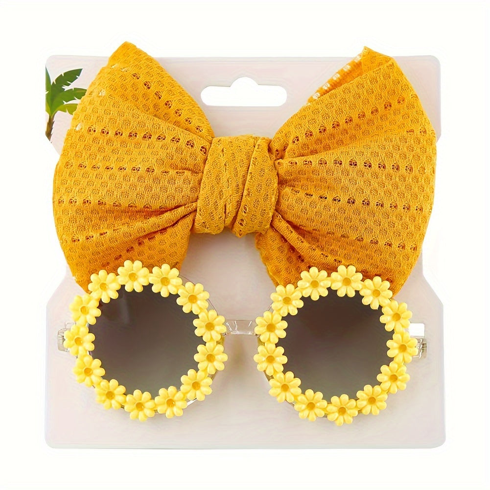 Cute Outdoor Beach Baby Girl Gift Set - 2 Pieces Butterfly Tie Hair Band & Round Flower Fashion Glasses!