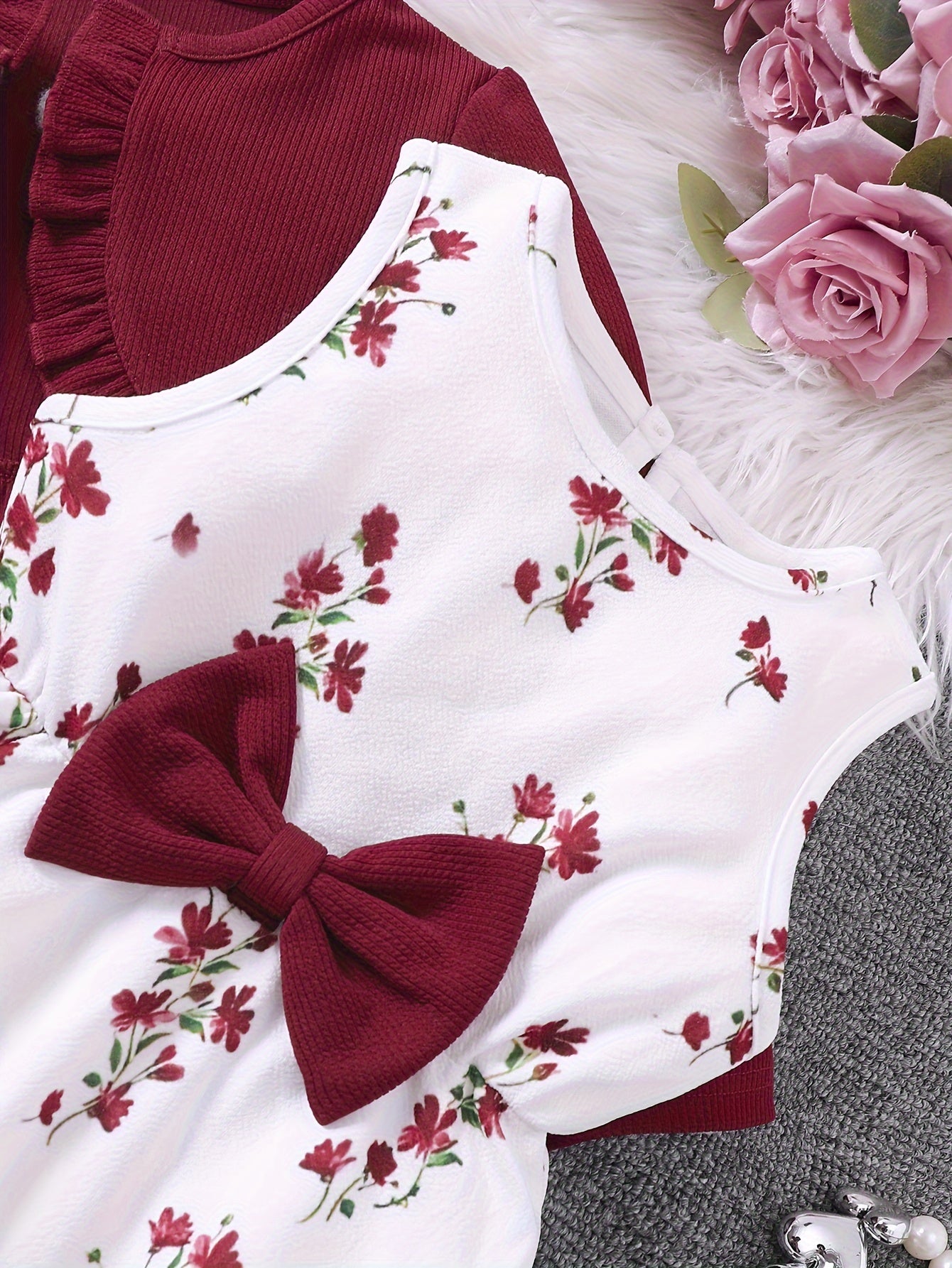 Sweet Girls 2pcs Solid Frill Trim Long Sleeve Outerwear + Flower Graphic Sleeveless Dress Set For Summer Party Gift
