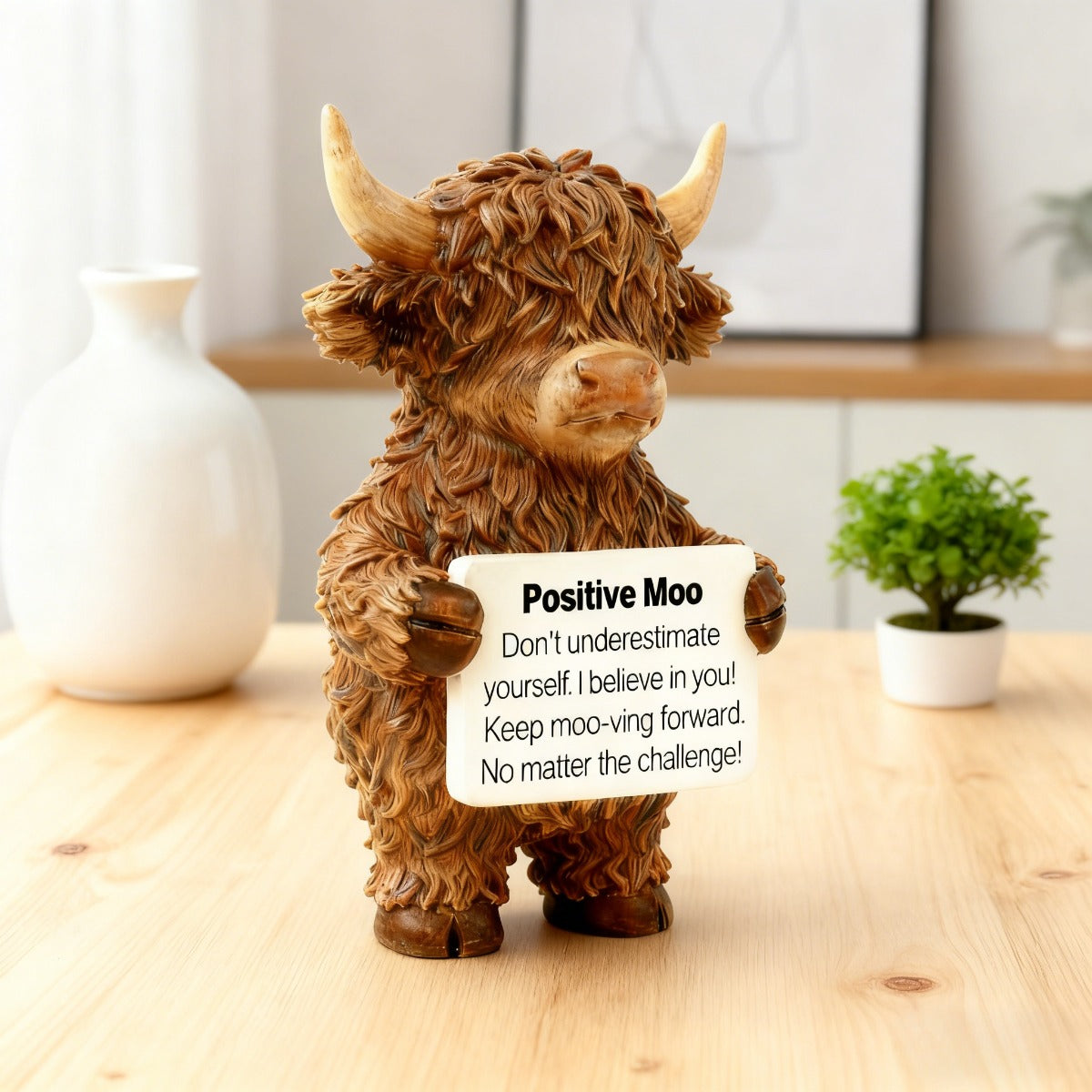 1pc Positive Highland Cow Resin Statue | Home Decor for Living Room, Bedroom, Office, Bookshelf, Tabletop Decor, Motivational Gift for Women, Moms, Friends, Students, Art Deco Style, Resin Material