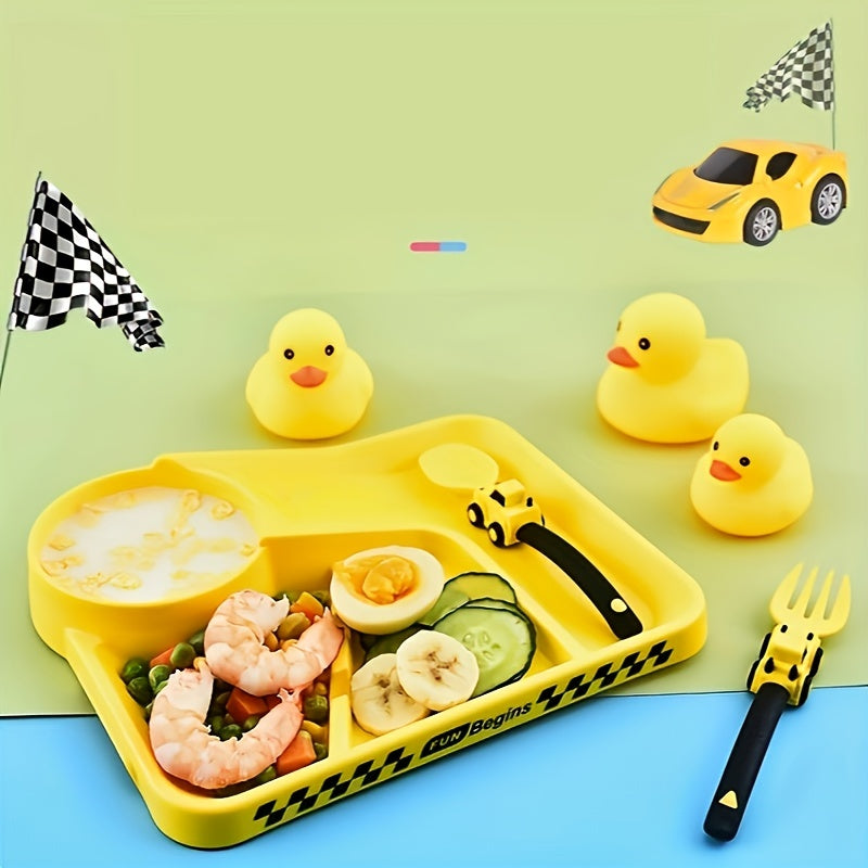 Children's Tableware Cartoon Racing Dinner Plate + Fork Spoon Independent Eating Divided Complementary Food Bowl Baby Suction Cup Non-slip Dinner Plate