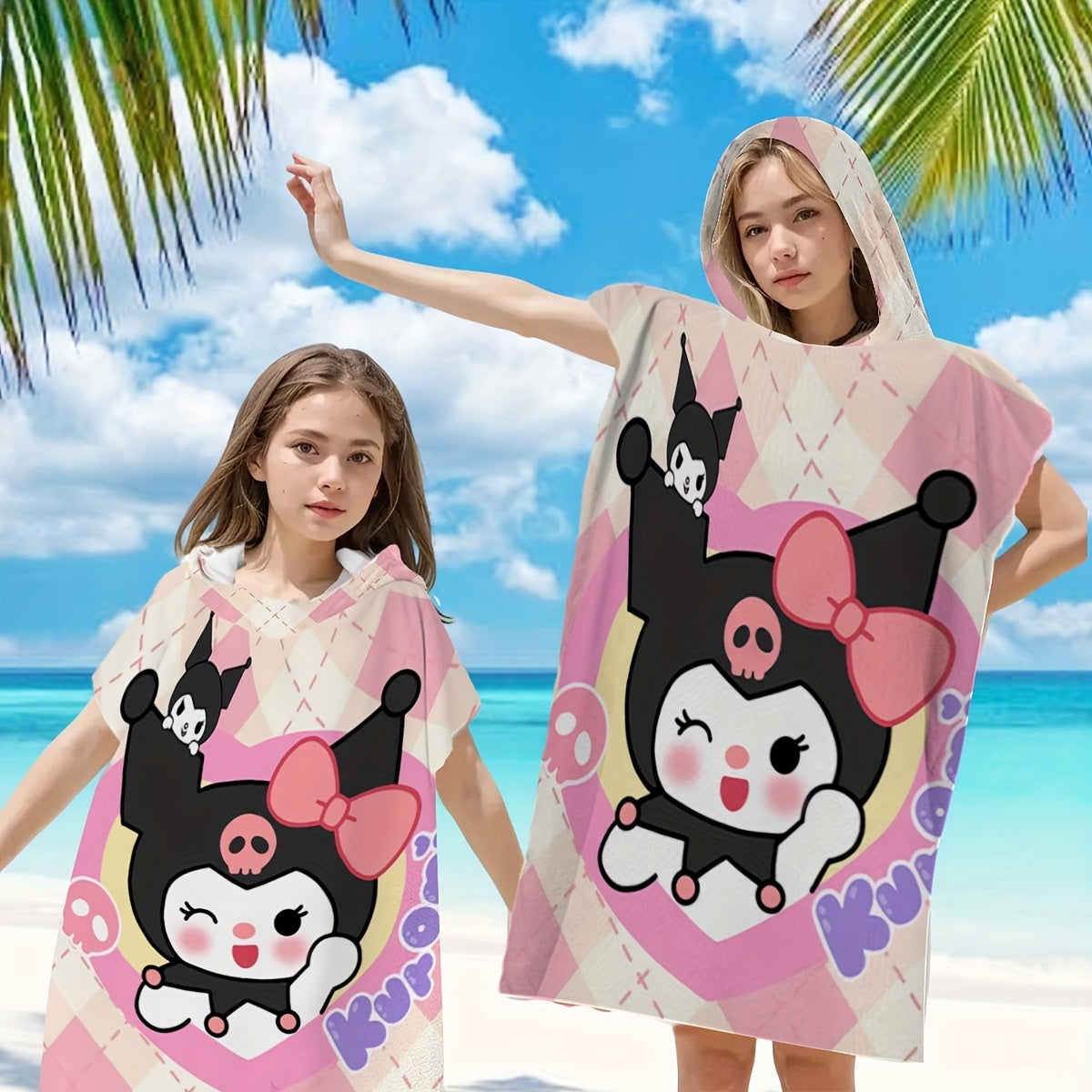 1pc Sanrio Kuromi Adult & Kids Wearable Beach Towel with Hood - Quick-Dry Microfiber Bathrobe, Cute Kuromi Character Swim Wrap, Machine Washable for Pool, Bath, Travel - Ideal for & Adults