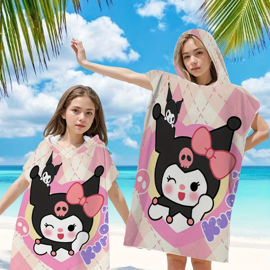 1pc Sanrio Kuromi Adult & Kids Wearable Beach Towel with Hood - Quick-Dry Microfiber Bathrobe, Cute Kuromi Character Swim Wrap, Machine Washable for Pool, Bath, Travel - Ideal for & Adults