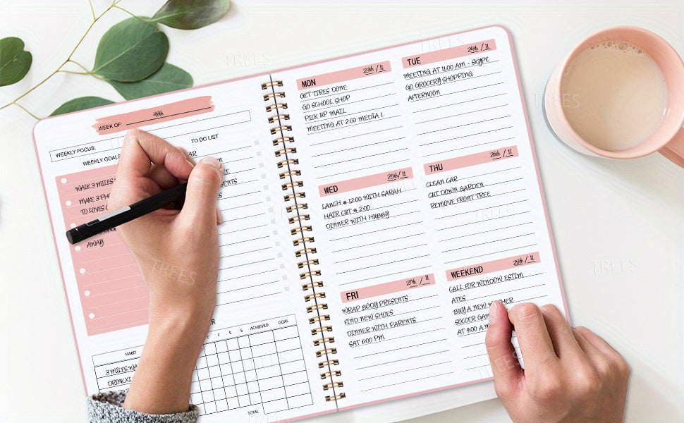 1pc Trees Undated A5 Daily Weekly Notebook Planner | Spiral Bound, 52 Sheets, 21.08*13.97 cm, Pvc Cover, English Language, Ideal For Office And School Use