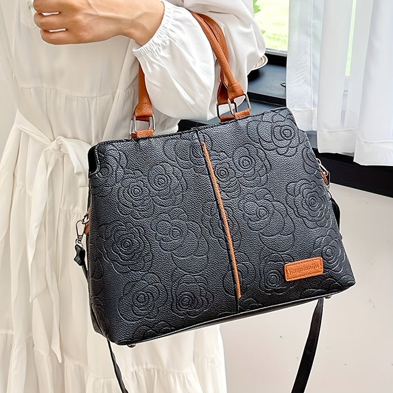 Chic Solid Color Letter-Embossed Handbag – Versatile, Foldable, Secure Zip & Removable Strap, Polyester-Lined for Daily Elegance (8.4x8.6x3.5) Inch