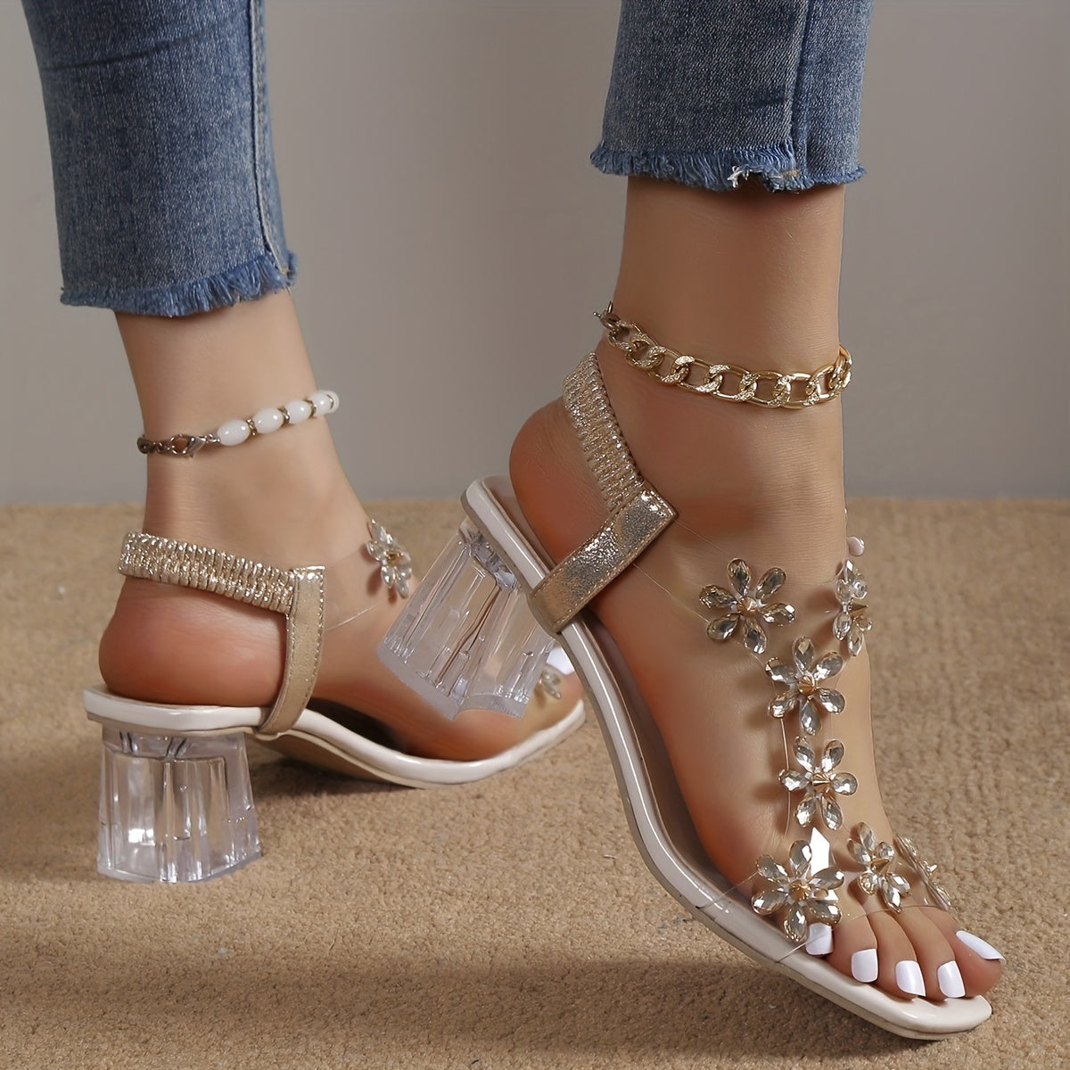 Women's Flower Rhinestone Block Heel Sandals, Fashion Square Open Toe Elastic Strap Slip On High Heels, Versatile Sandals