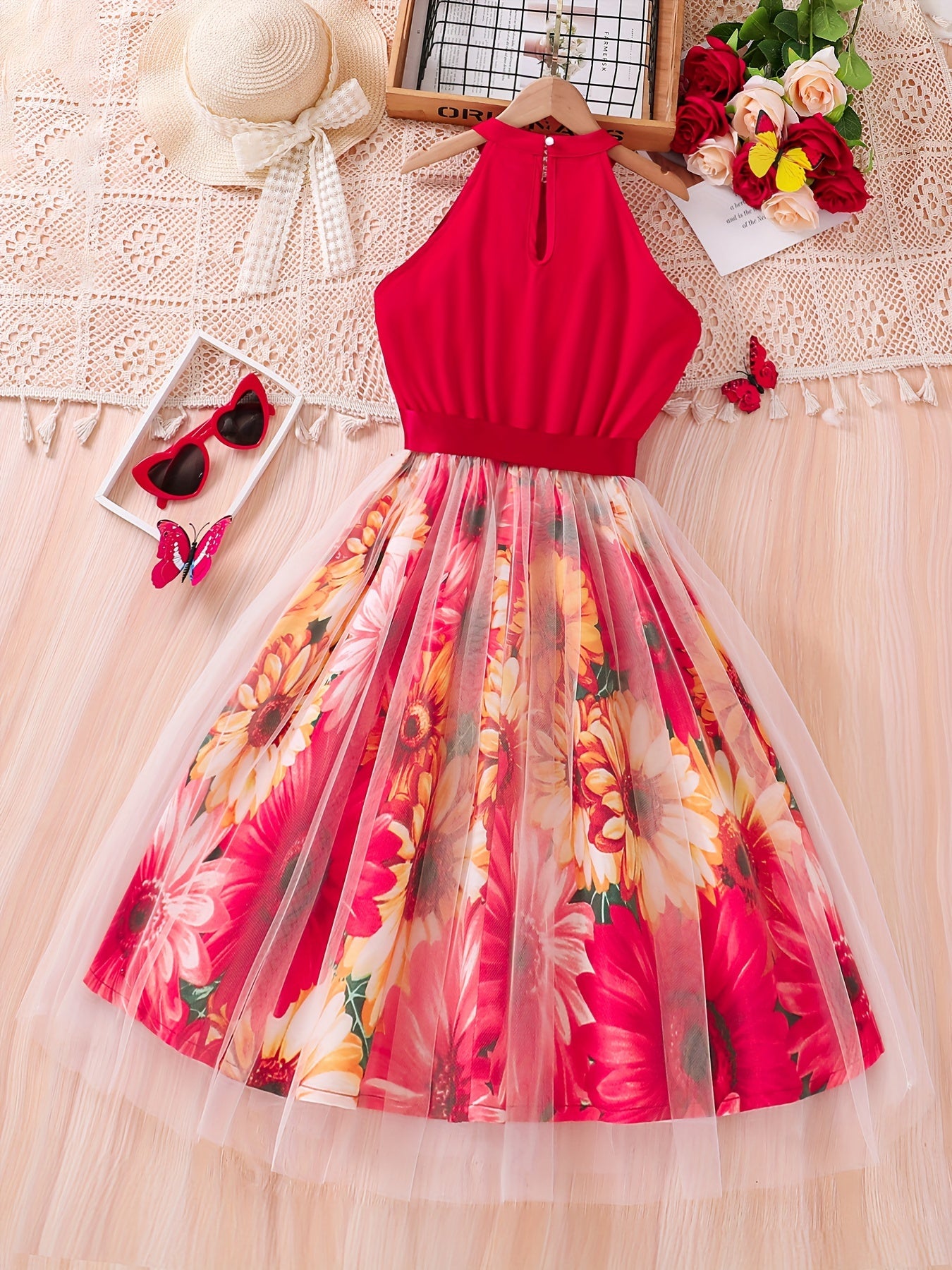 [Elegant Dress] Elegant Summer Party | Girls Splicing Flower Graphic Halter Neck Mesh Dress Tutu Dress | Gift