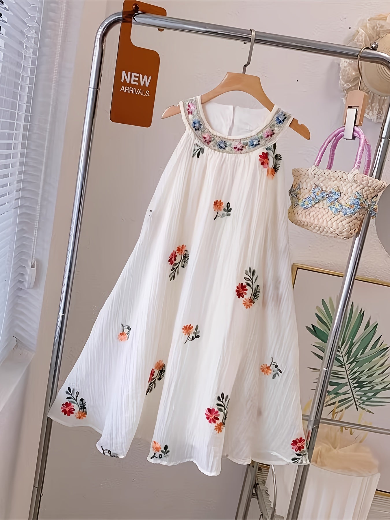 Summer New Bohemian Style Flower Embroidery Mesh Overlay Dress | Sleeveless, Non-Stretch Fabric, Flared Hem, Round Halter Neck, Ideal for Casual and Travel Vacation, Little Thin Princess Dress