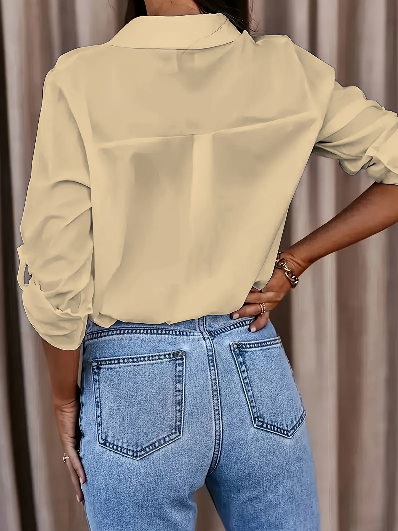 Solid Button Front Shirt, Casual Turn Down Collar Office Work Shirt, Women's Clothing