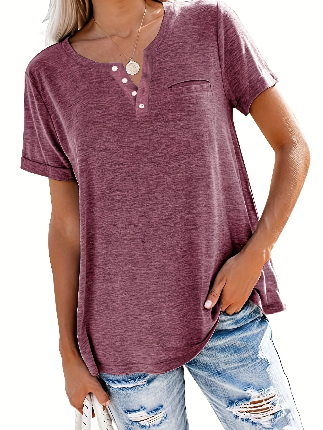 Plus Size Button Front Short Sleeve T-shirt, Women's Plus Slight Stretch Casual Tee