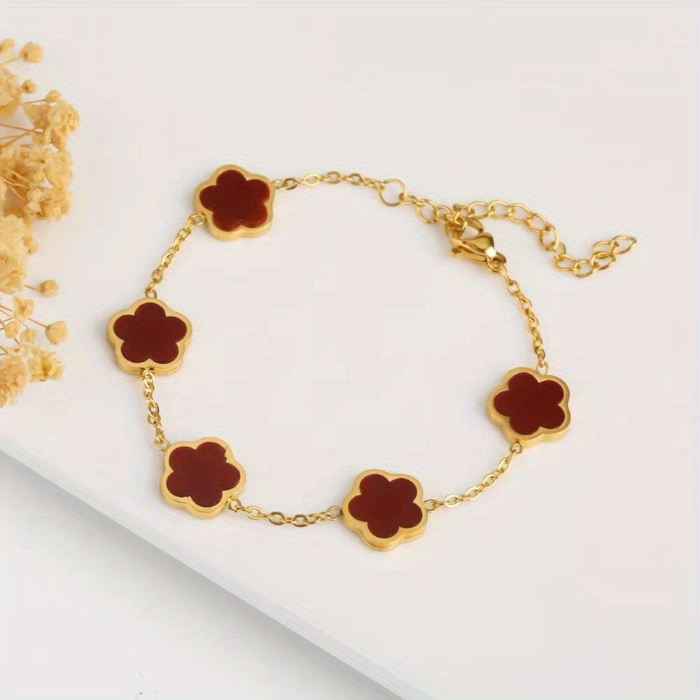 18K Gold Plated Flower Design Stainless Steel Bracelet, Elegant Floral Style Hand Decor Bracelet Jewelry Gift