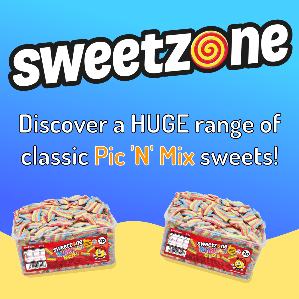 Sweetzone Rainbow Belts- 805G Tub - 350pcs - Pic N Mix Style Sweets