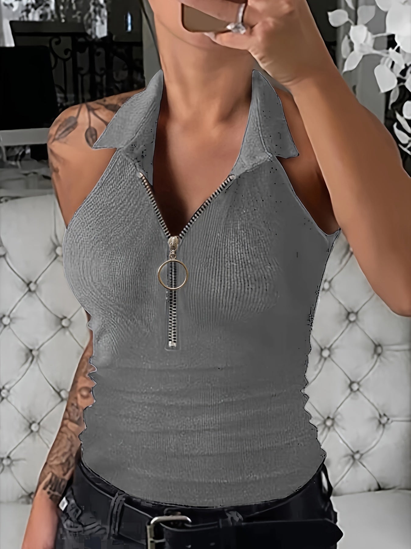 Women's Summer Slim-Fit Zip-Front Collar T-Shirt - Solid Color X-Line Short Sleeve Blouse, Medium Stretch Casual & Dressy Outfits