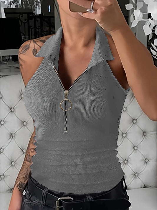Women's Summer Slim-Fit Zip-Front Collar T-Shirt - Solid Color X-Line Short Sleeve Blouse, Medium Stretch Casual & Dressy Outfits