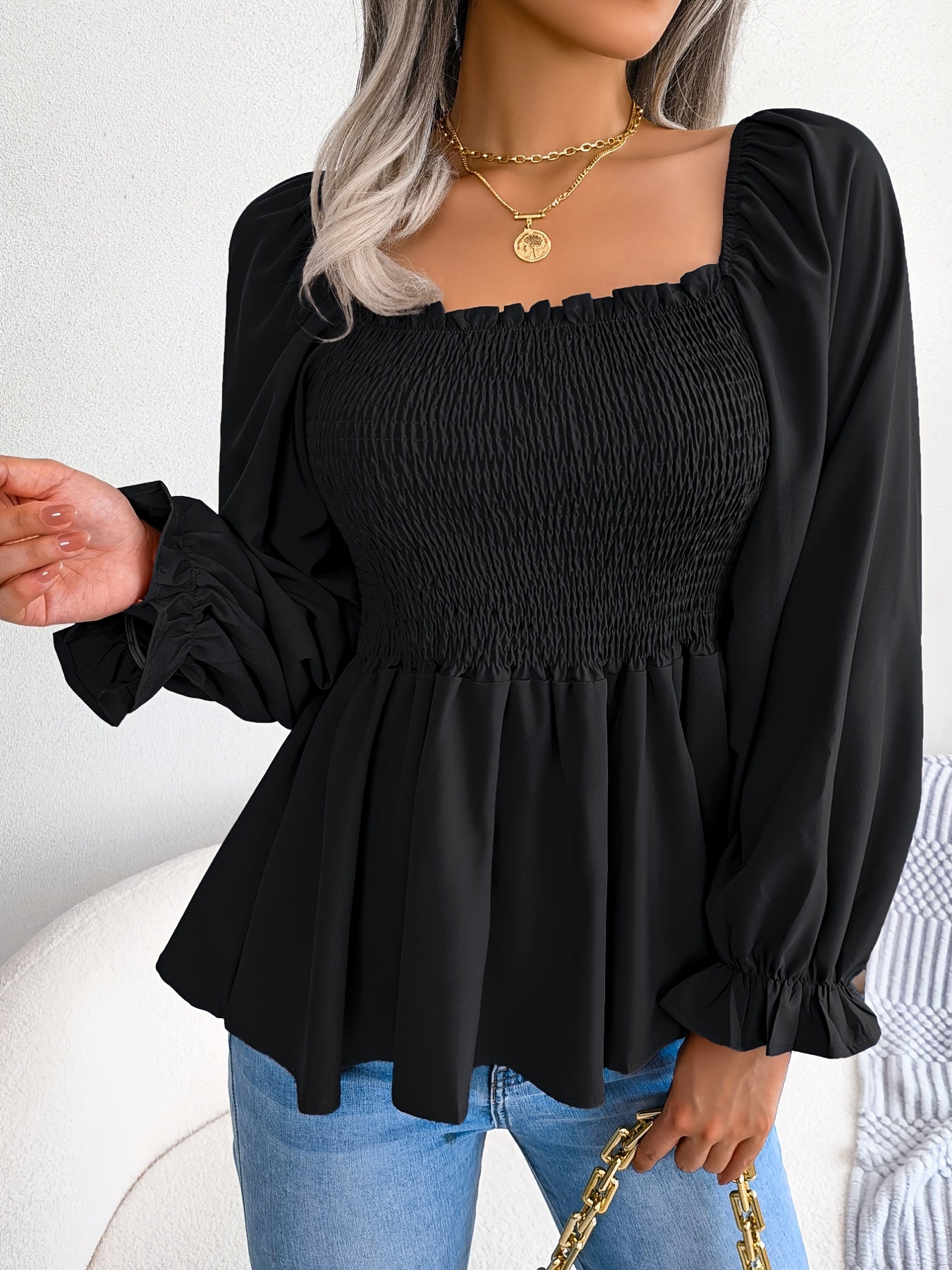Shirred Lantern Sleeve Shirt, Casual Squared Neck Pleated Ruffle Trim Solid Shirt, Women's Clothing Wedding holiday vacation