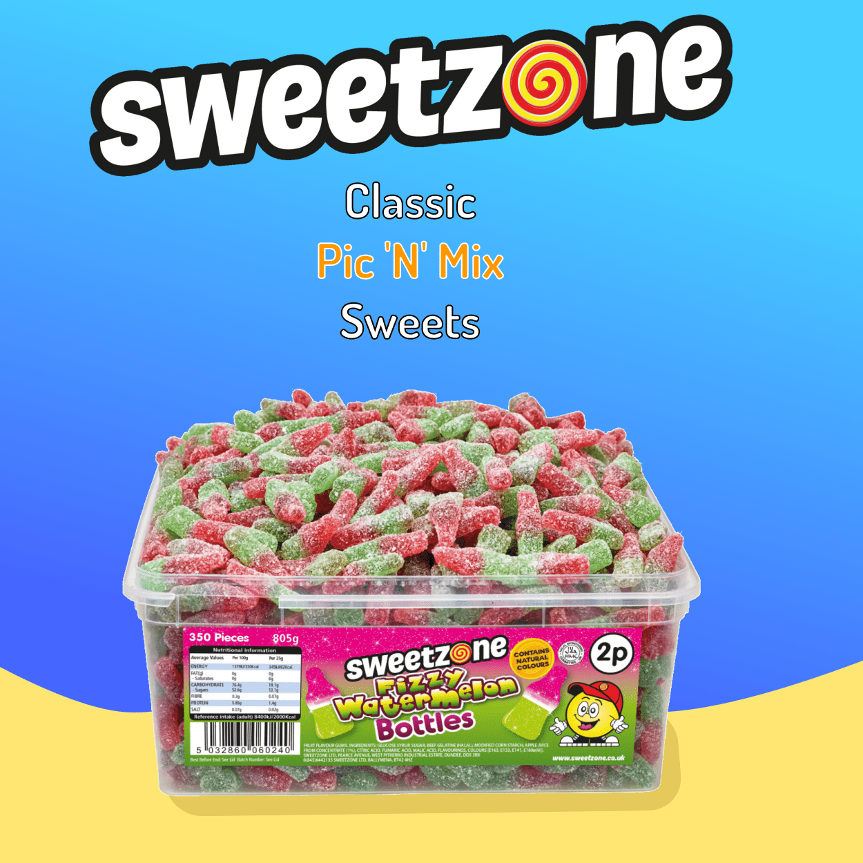 Sweetzone Fizzy Watermelon Bottles - 805g Tub - 350 Pieces - Pic N Mix Style Sweets